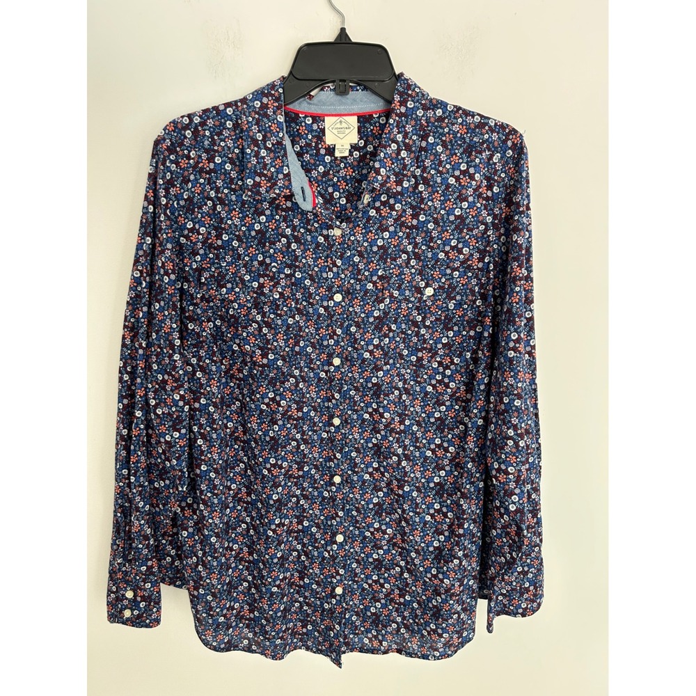 St Johns Bay Womens 1X Floral Button Down Shirt Navy Blue Roll Tab Long Sleeve